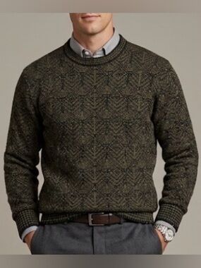 TSR Vintage 90s Geometric Knit Sweater 2XB Green Olive Black USA Made Wool Blend